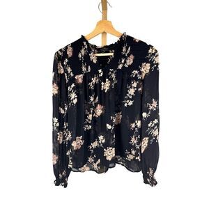 Lucky Brand Semi Sheer Floral Smocked Long Sleeve V-Neck Black Top Sz XS EUC